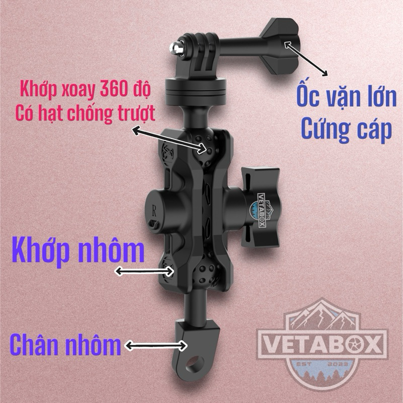 Giá đỡ Gopro - Giá đỡ Camera Hành Trình Vetabox, Xoay 360 độ - Cứng hơn Motowolf