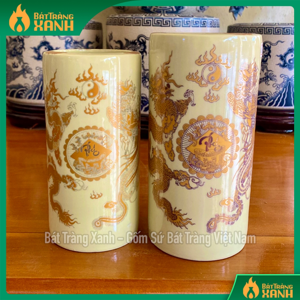 Lọ đựng hương, Ống cắm hương Bát Tràng Men Ngà Vàng Kim
