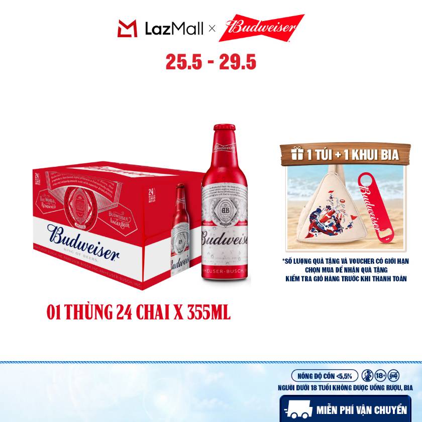 Thùng 24 Chai Aluminum Bia Budweiser Chính Hãng (355ml/ chai)