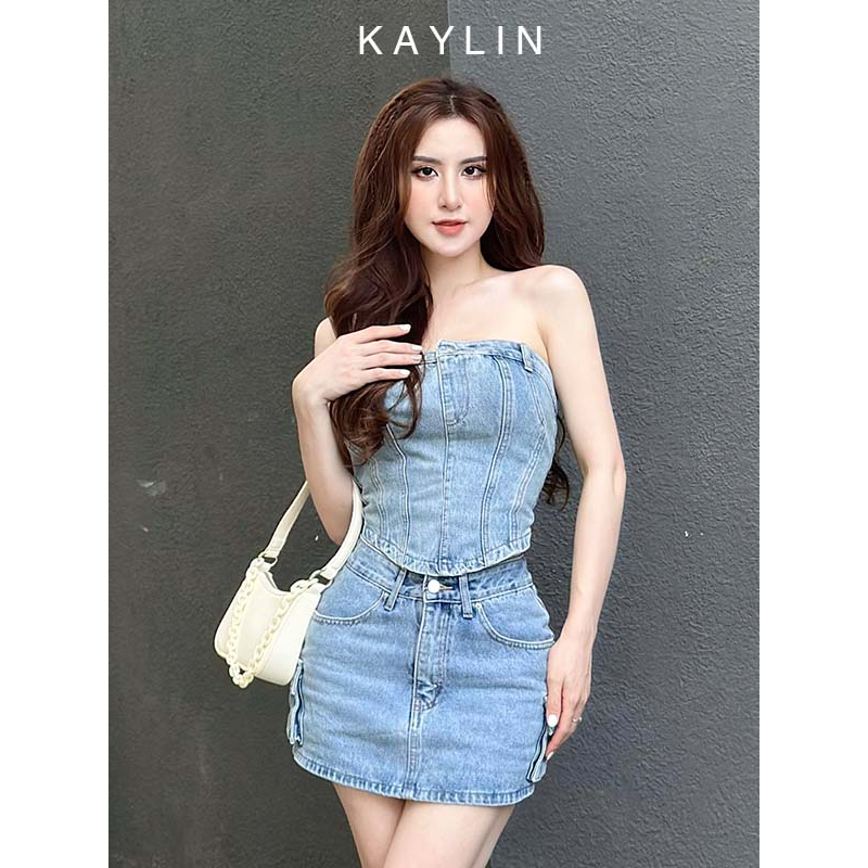 Set áo cúp ống phối chân váy jean ngắn phong cách kaylin - n2003
