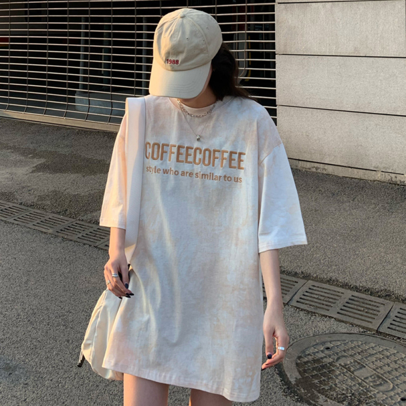 Phụ nữ t-shirt tay lửng cổ tròn áo thun chui đầu nhuộm kiểu cột thắt chữ thêu Áo phông in hình