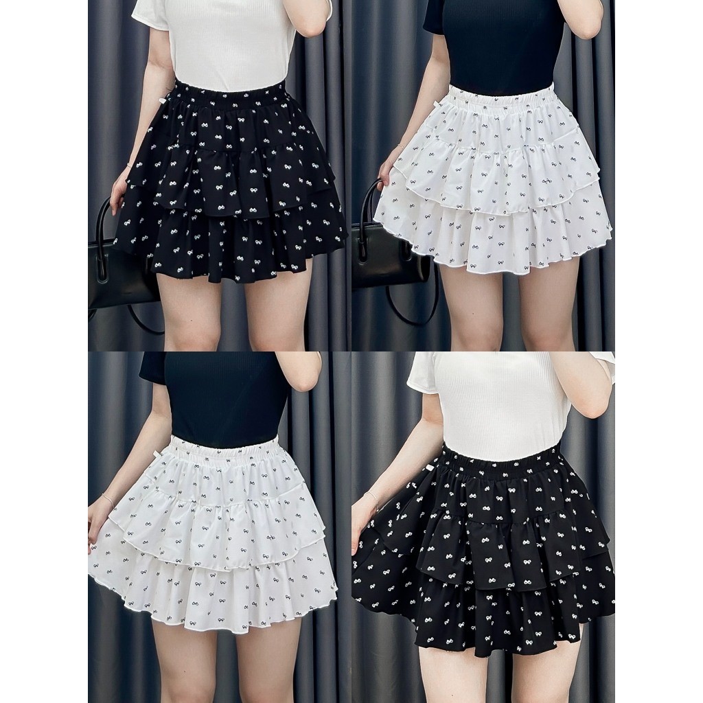 Chân Váy Nữ Ngắn Xếp Ly 2 Tầng Họa Tiết In Nơ Form Xòe Cạp Cao Lưng Chun Vải Lụa Xoa Mềm Mại 50-95kg (Có Bigsize)
