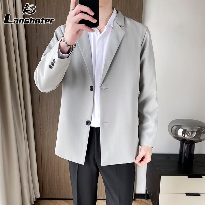 Lansboter Áo Blazer Phong cách nấu chín nhẹ hai Áo khoác com lê hai Một hàng khuy dài tay xù và áo khoác đẹp trai Bộ đồ nhỏ cho nam