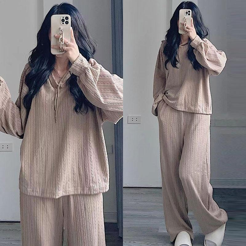 Set Bộ Thu Đông Len Vân Lá Dài Tay Form Rộng Quần Ống Xuông Top Nữ Áo Women Ong