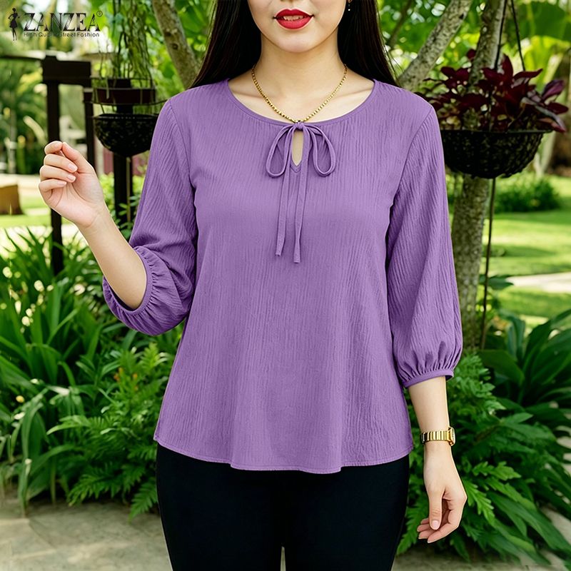 ZANZEA Korean Style Women Elegant Work O Neck Lace-Up Blouses 3/4 Sleeve Texture Solid Top #0608 ราคา 308 บาท*ส่งฟรี