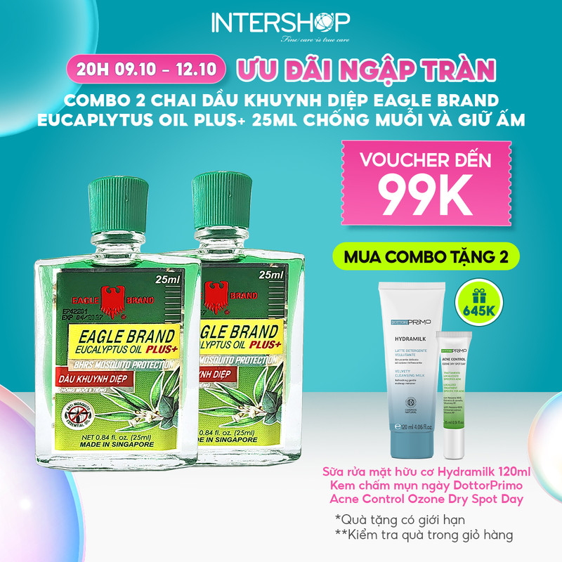 [GIẢM 45K ĐƠN 309K] Combo 2 chai Dầu Khuynh Diệp Eagle Brand Eucalyptus Oil Plus+ 25ml chống muỗi và giữ ấm cho bé