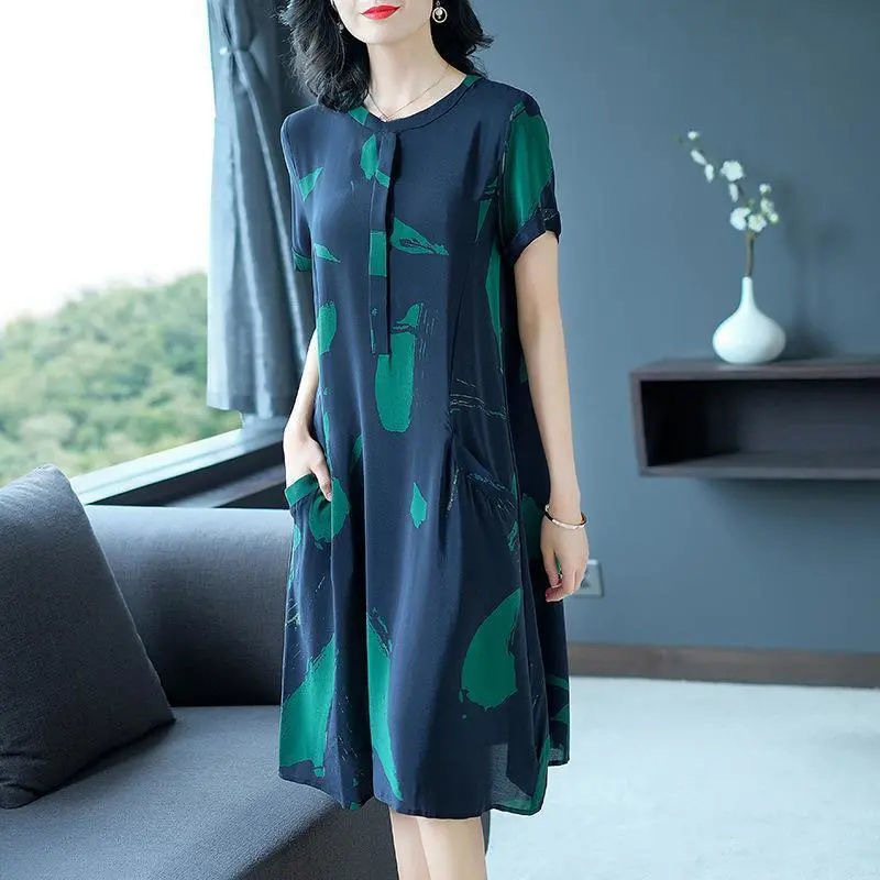 Xiang Nian ni Đầm có tay ngắn cho bà mẹ trung niên và cao tuổi chân váy suông in giữa chiều dài cho phụ nữ
