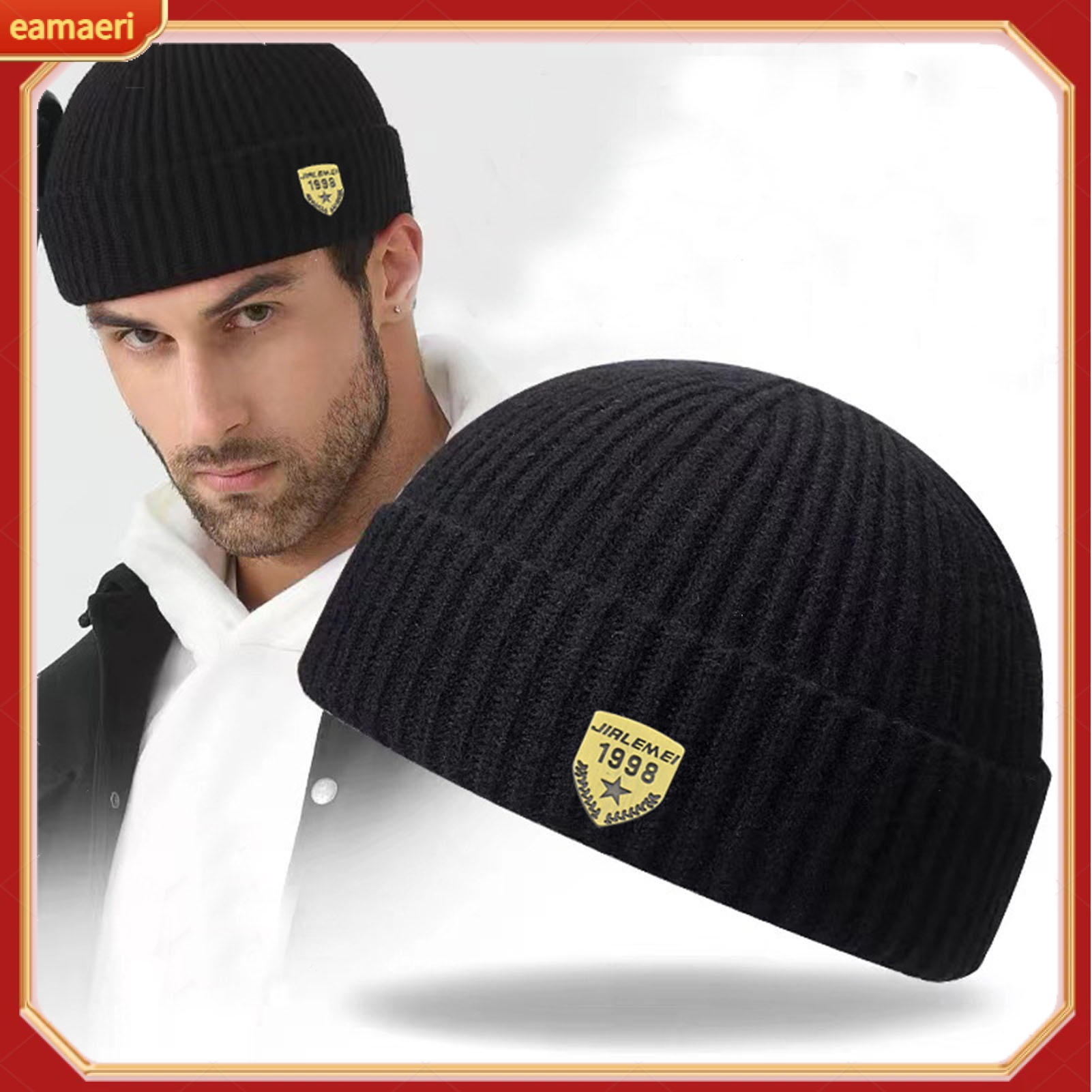 Autumn Winter Solid Color Knitting Hat Women Men Logo Print Brimless Beanie Hat Casual Short Ribbed Couple Hat ราคา 169 บาท*ส่งฟรี