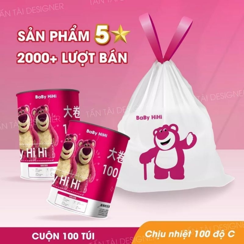 Túi đựng rác có dây kéo gấu dâu loại siêu dai chắc chắn, túi đựng rác có dây rút