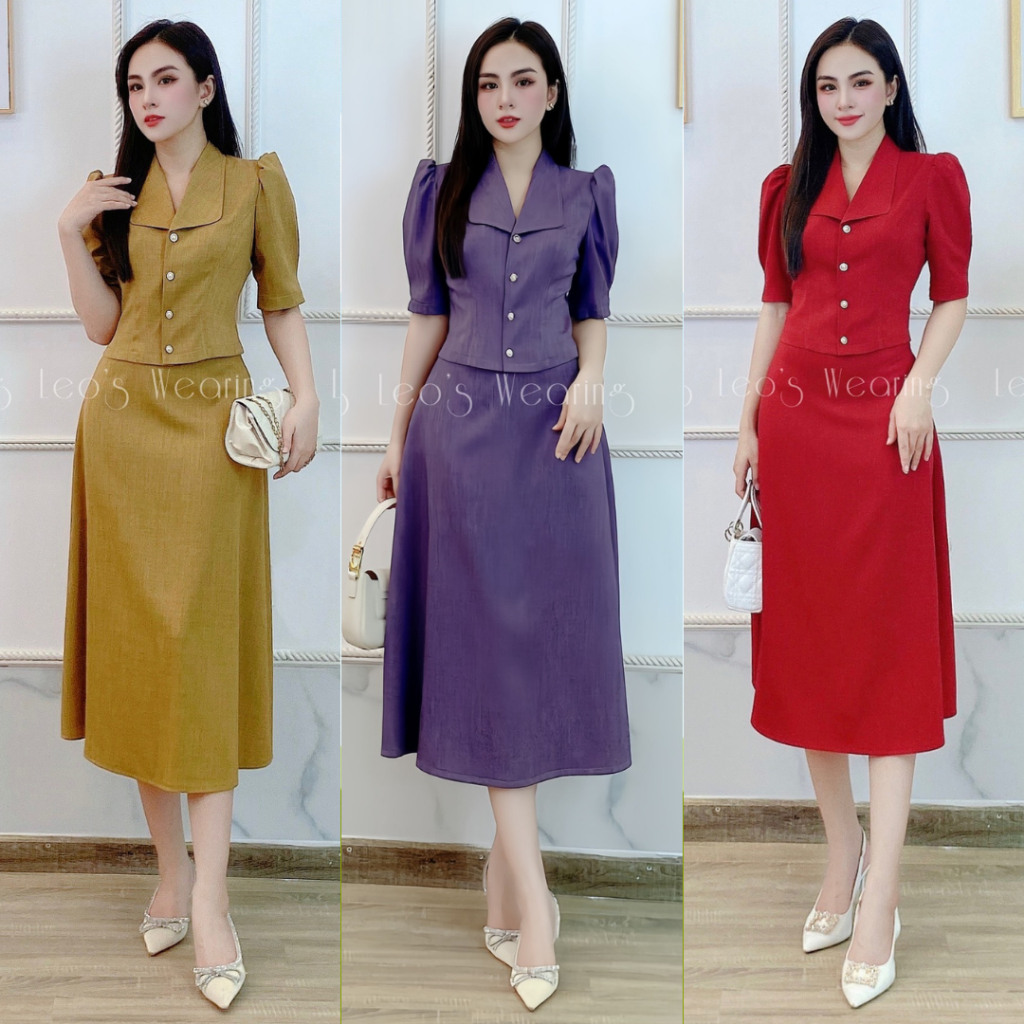Set váy nữ leoswearing chân váy dáng chữ a mix áo sơ mi cổ vest tay phồng a788