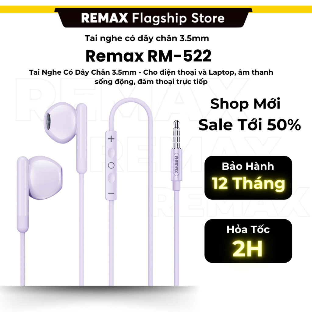 Tai nghe chân 3.5mm REMAX - RM 522 Basic Nghe nhạc Chơi Game Gọi điện Thu âm [BH 12 THÁNG 1 ĐỔI 1]