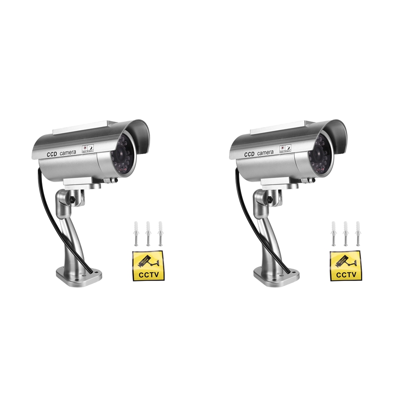 [eriop mall]2X Simulation Solar Camera Outdoor Surveillance Simulation Fake Camera Dummy Cam with LED Light Silver