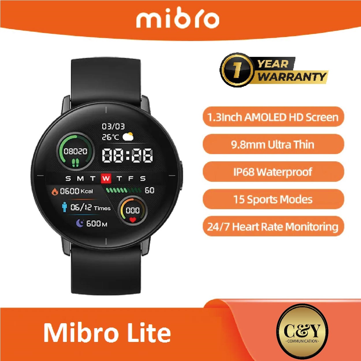 Mibro Lite Smartwatch Global Version 1.3Inch AMOLED HD Display IP68 Waterproof App Control Fitness Monitoring Bluetooth Watch