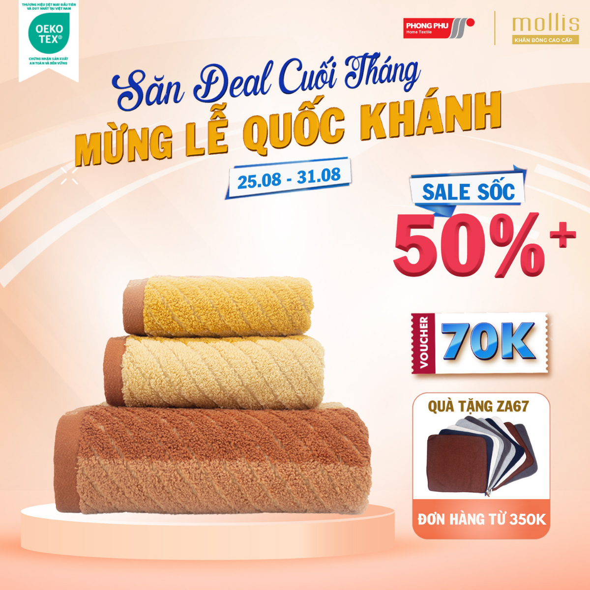 Khăn Tay Mollis Cotton Nontwist 34x50cm Khăn Cao Cấp Sợi Không Se Thấm Hút Mau Khô x3 lần Dùng Gia Đình Thể Thao HMN1