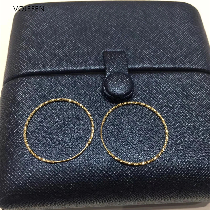 [we4z] VOJEFEN 18K Pure Gold Earring Hoops Women Original Shiny AU750 Gold Pattern Round Large Earrings Charms Earing Circle Fine Jewel · v2