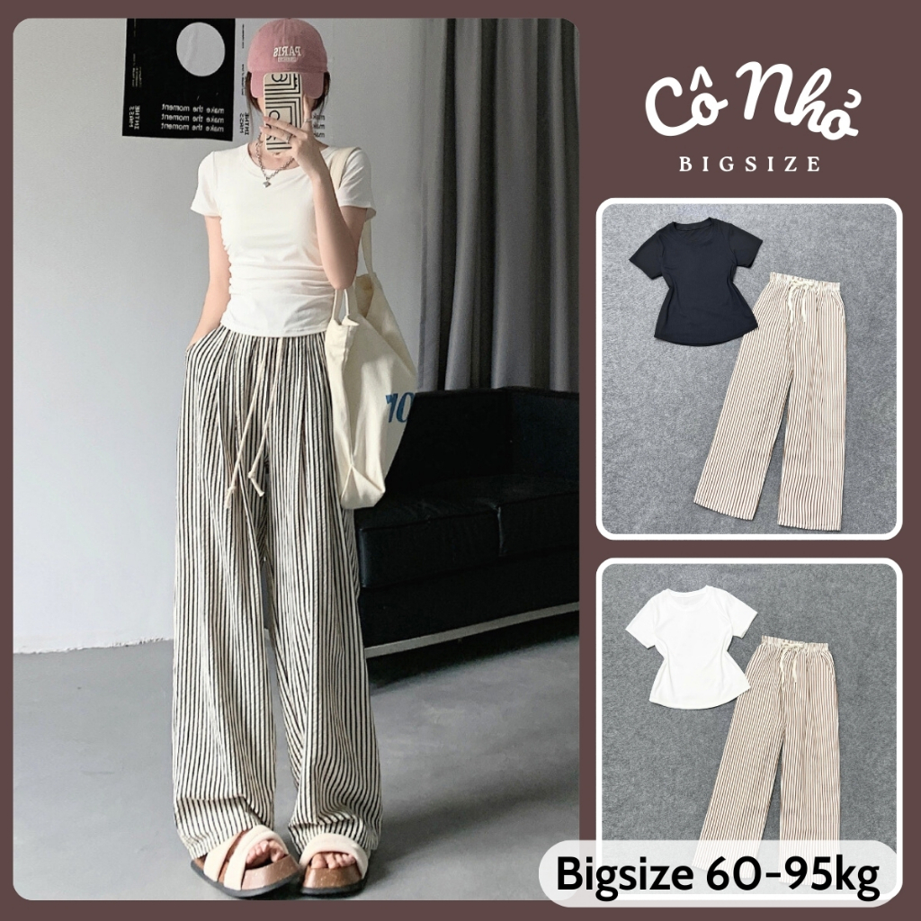Set Đồ Bộ Bigsize Nữ Áo Thun Baby Tee Tay Ngắn Kèm Quần Kẻ Sọc Ống Rộng Basic Cho Chubby SET972