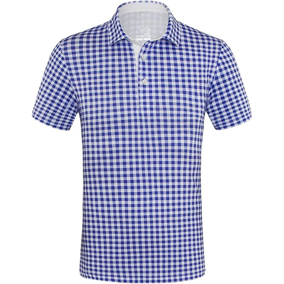 Mens t shirt polo man Short Sleeve Polo Shirts Casual Golf Polo Daily Collared Shirt Sport Tennis T-Shirt Breathable and Sweat-wicking Material Blue and White Checkered