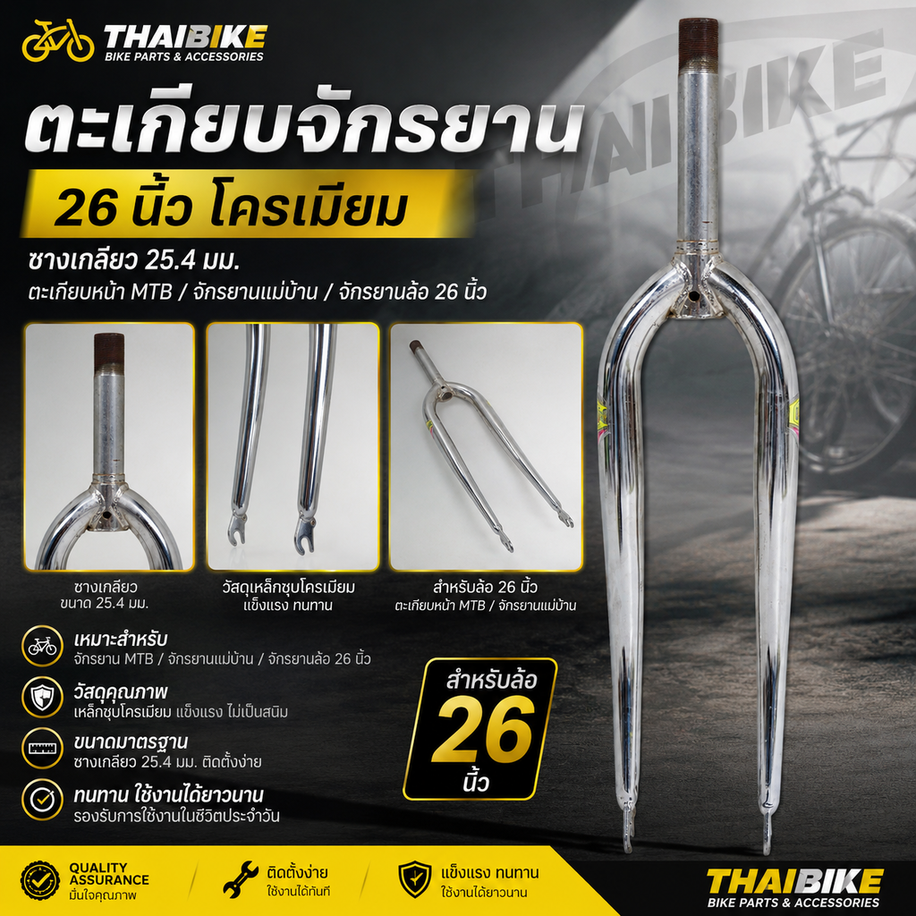ตะเกียบจักรยาน 26 นิ้ว โครเมียม ซางเกลียว 25.4 มม. ตะเกียบหน้า MTB จักรยานแม่บ้าน จักรยานล้อ 26 นิ้ว ราคา 390 บาท*ส่งฟรี