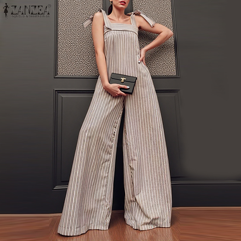 Hijabfab ZANZEA phụ nữ thời trang đường phố sọc ren-up Overalls Quần Legging rộng quần dài đi làm jumpsuits #0407