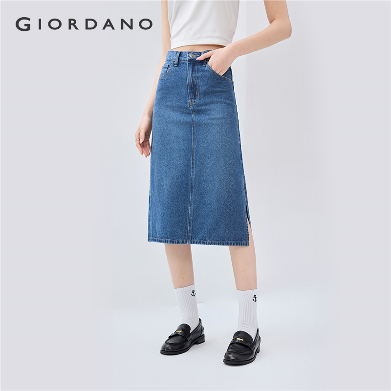  GIORDANO Nữ Chân váy 100% Cotton Chân váy denim năm túi xẻ tà cạp vừa đơn giản thời trang thường ngày Chân váy denim midi 13465210 