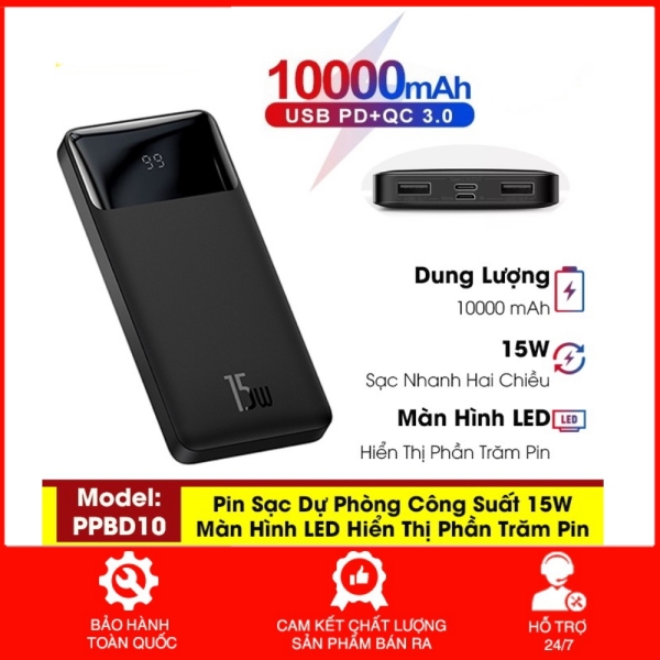 Cục Sạc Pin Dự Phòng Baseus Bipow màn hình LCD 10000mah PD 15W Cho Iphone 12 Pro, Samsung, Xiaomi