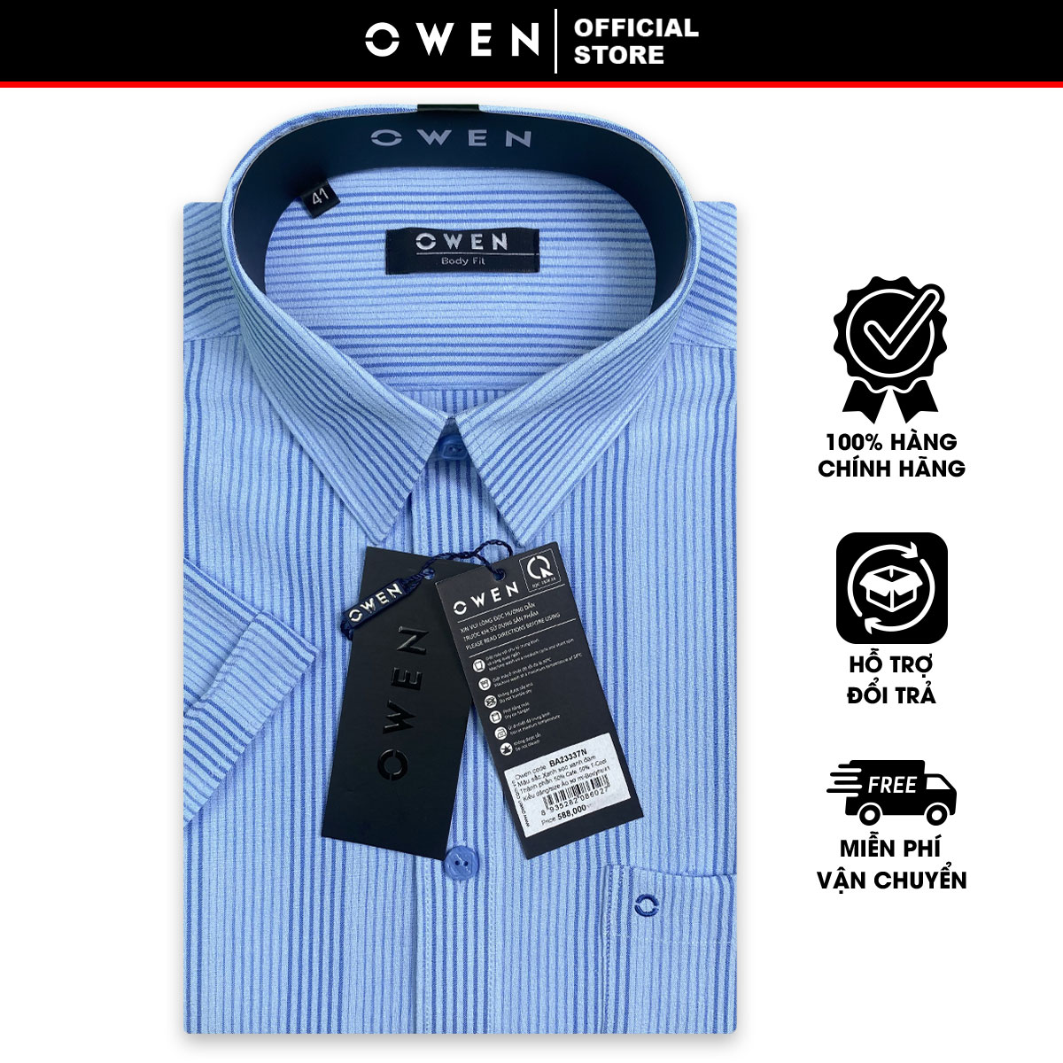 OWEN SALE - Áo Sơ Mi Owen Tay Ngắn Màu Xanh Sọc Xanh Đậm  Họa Tiết Sọc Dọc Form Body Fit Lai Ngang C