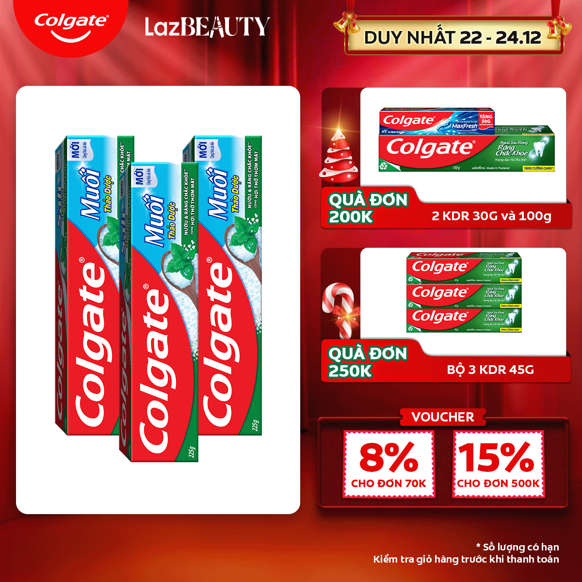 [Chỉ 22 - 24.12_Áp Voucher giảm thêm 8%]Bộ 3 kem đánh răng Colgate bảo vệ nướu Muối Thảo Dược Herbal Salt 225gx3