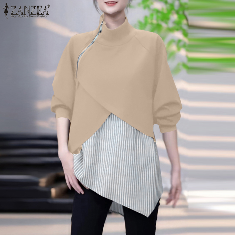[Hàng bán trước] Hijabfab ZANZEA phong cách hàn quốc nữ áo chui đầu chắp vá kẻ sọc cổ cao tay dài có khóa kéo áo nỉ #241104