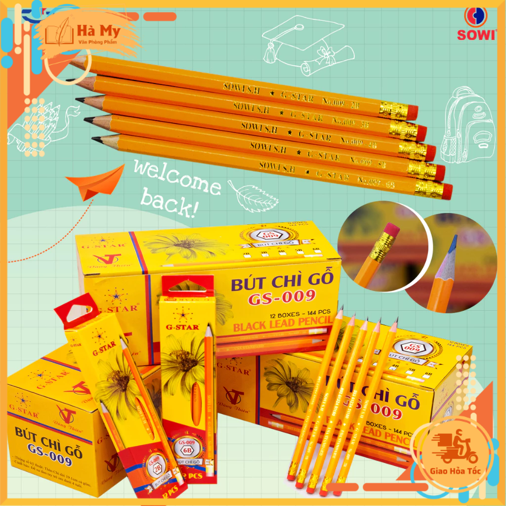 (Hộp 12 Cây) Bút chì gỗ 2B thân vàng GSTAR 009 bền đẹp có gôm