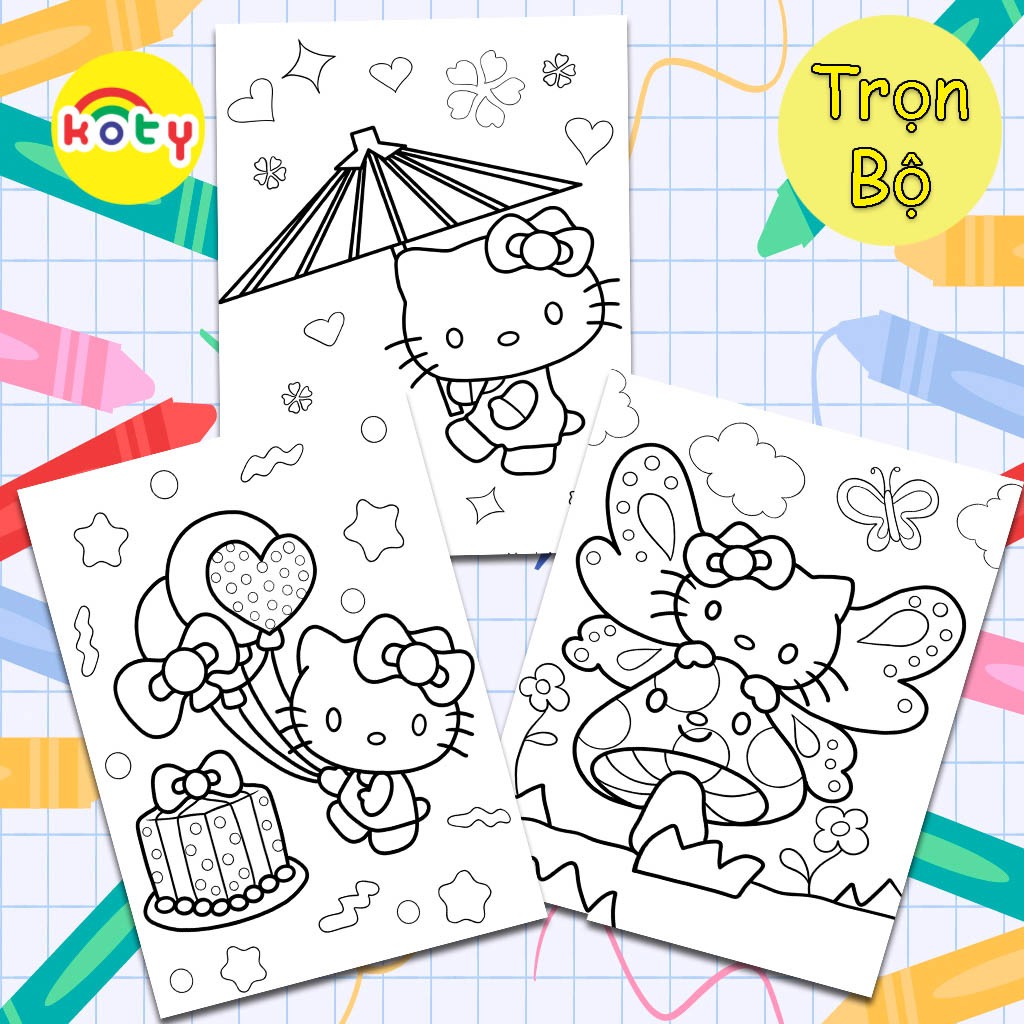 Tranh Tô Màu Hello Kitty và những người bạn - Bộ 10 Tờ Tranh Tô Màu A4 A5 Dành Cho Màu Sáp Màu Chì -
