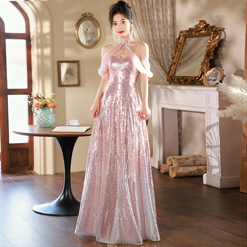 ĐầM Dạ HộI màu hồng đầm nhấp nháy dày và tỉ mỉ cao cấp nhẹ sang trọng phong cách Pháp l0869