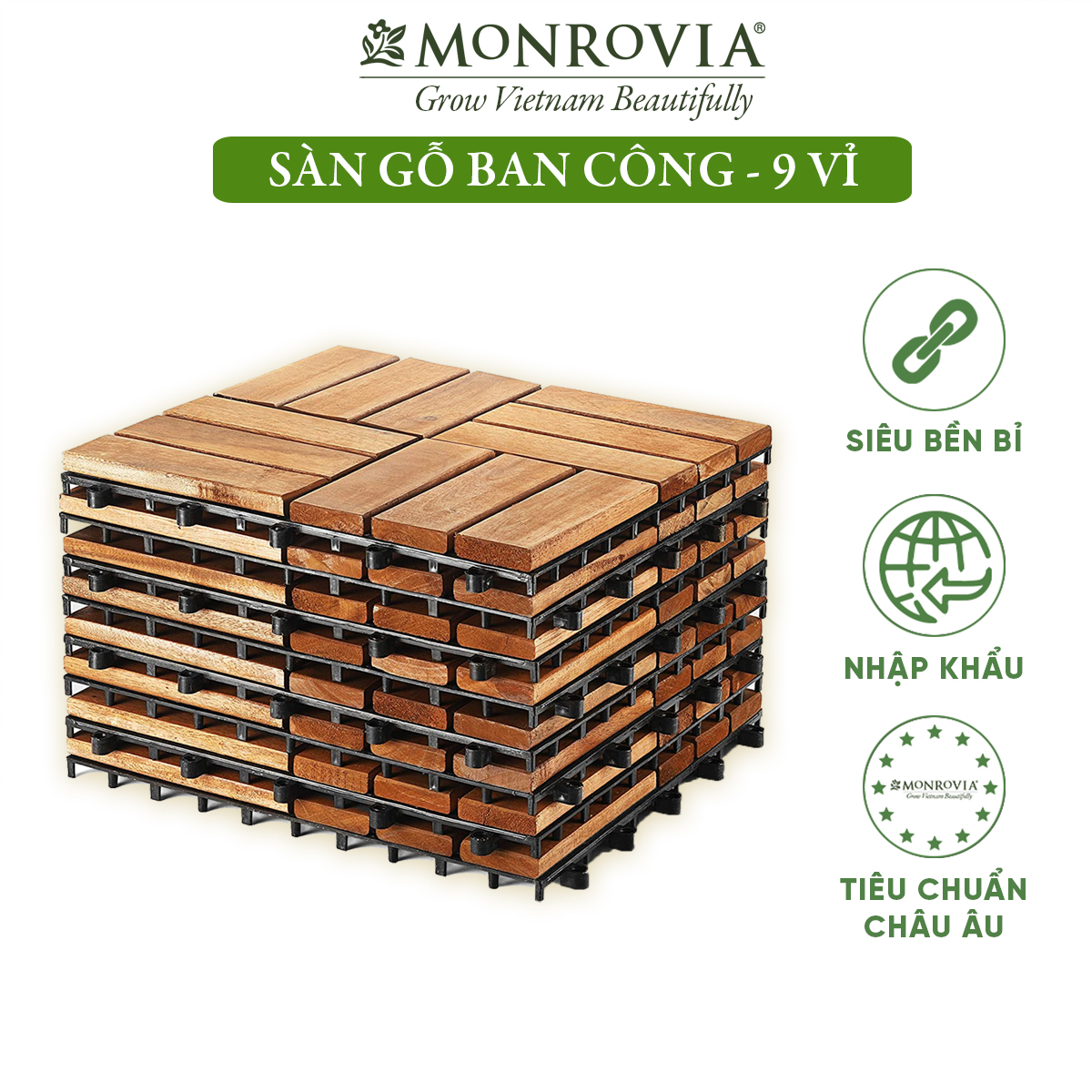 Combo 9 Vỉ Sàn gỗ ban công Monrovia, vỉ gỗ lót sàn, ván lót sàn gỗ