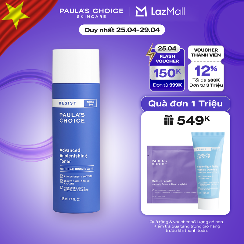 Nước hoa hồng cân bằng bổ sung độ ẩm tức thời Paula’s Choice RESIST Advanced Replenishing Toner 118ml - 7670