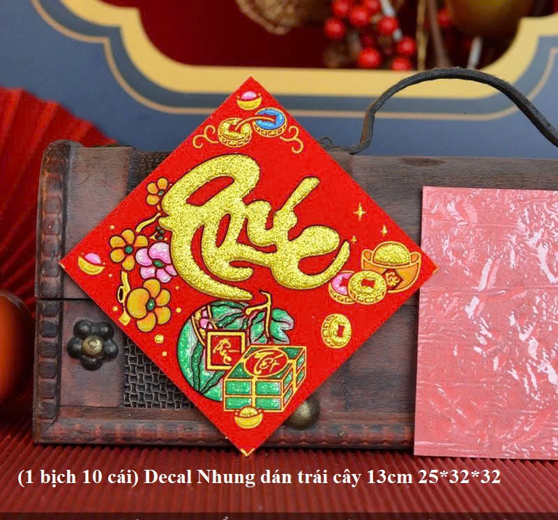 [ Tết ] Xấp 10 tờ dán decal NHUNG vuông dán dưa bưởi trái cây trang trí bàn thờ