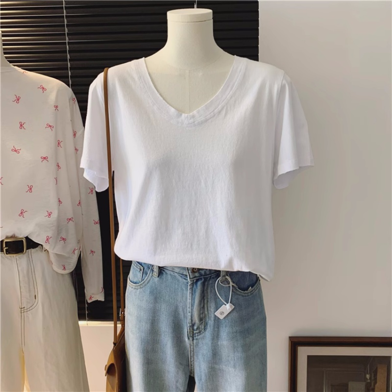 [Wyna] Áo thun thường ngày sờn cổ chữ V tay ngắn áo thun nữ đơn giản màu trơn thoải mái áo thun màu 