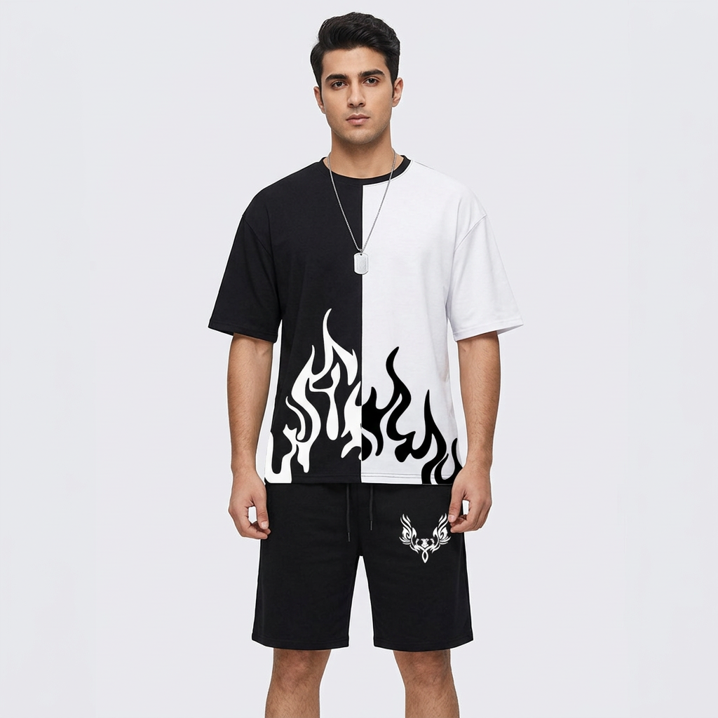 Pack of 2 | Black & White Fire Printed T shirts For Men & Boys | Short & T shirts for men & Boys