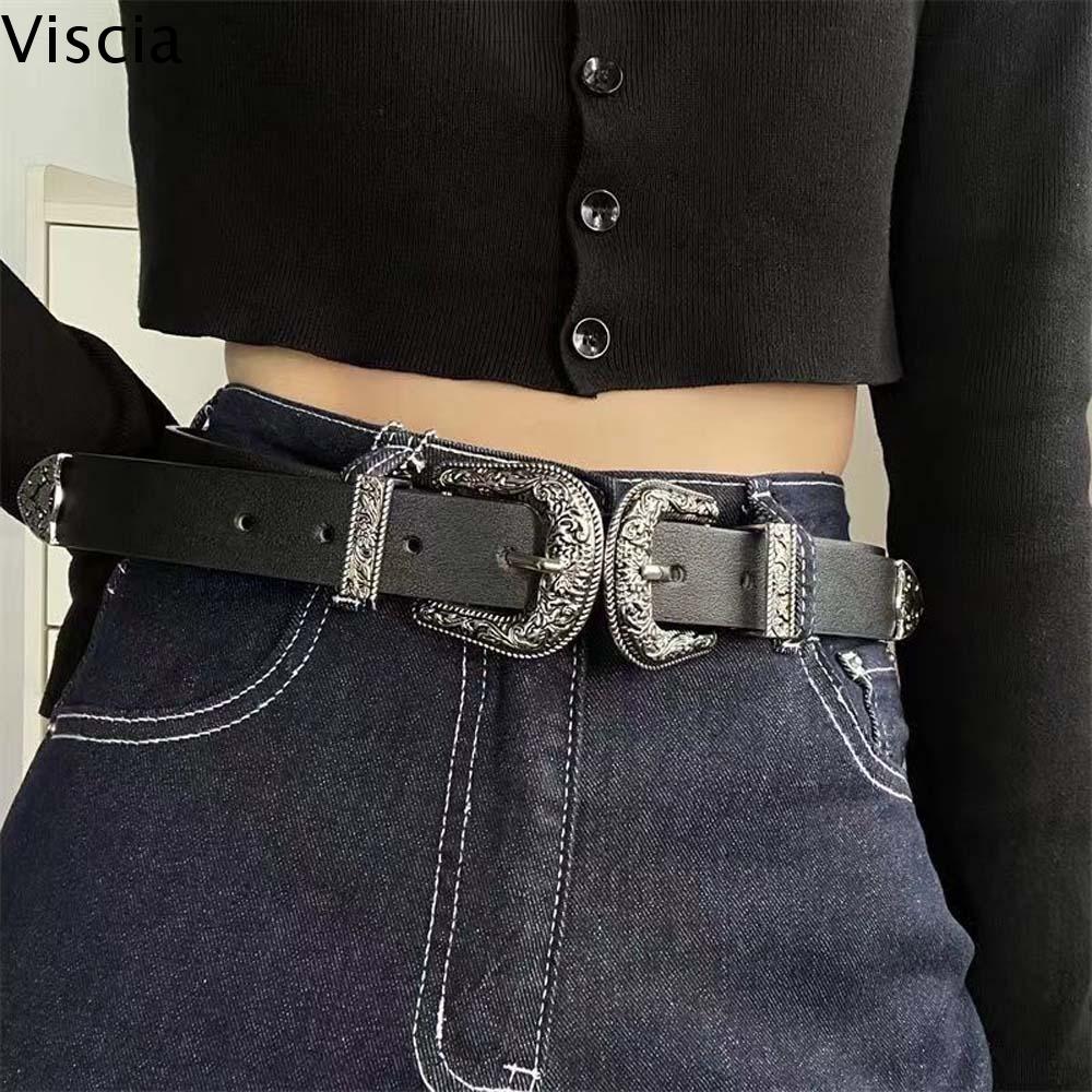 VISCIA Rộng Thắt lưng khóa đôi Ngầu Phong cách Mỹ Thắt lưng khóa khắc Đa năng Punk Thắt lưng cổ điển PU Phụ nữ