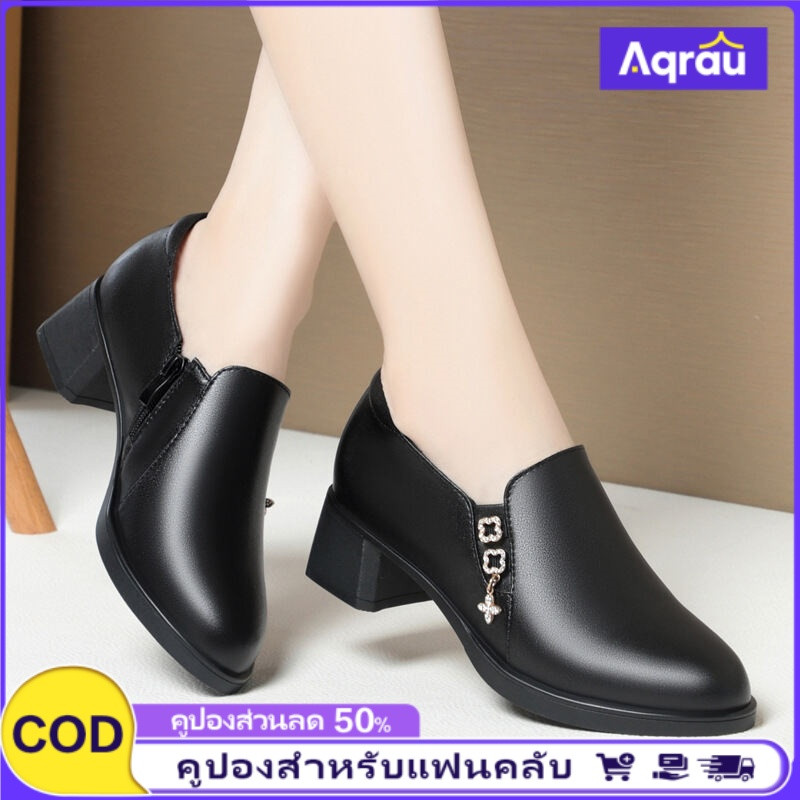 Aqrau 【Sale】New Mom Water Diamond Four Seasons Soft Bottom Coarse Heel Middle Heel Black Single Shoe ราคา 116 บาท*ส่งฟรี