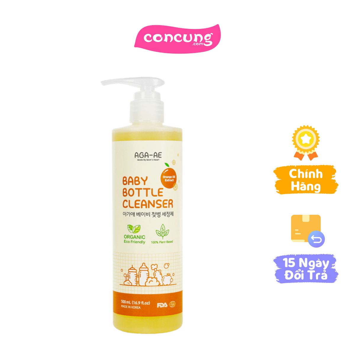 Nước rửa bình sữa AGA-AE hương cam - Chai 500ml (Giao bao bì ngẫu nhiên)