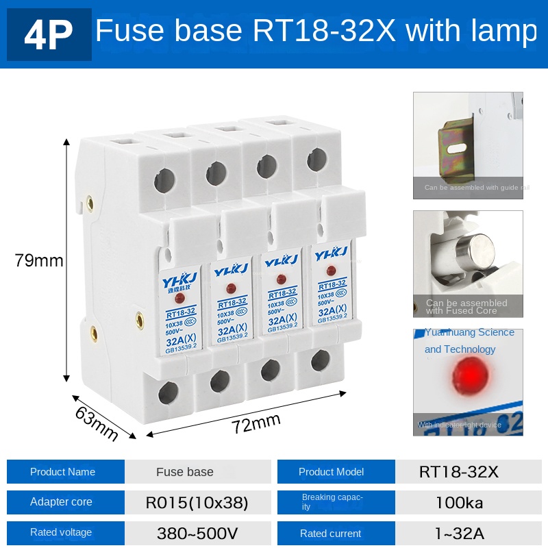 Đế Cầu Chì RT18-32X Nâng Cấp Nhựa 4P | RT18-32X 1P/2P/3P/4P, Có Đèn Báo, Tùy Chọn Cầu Chì 1-32A, Nhựa Cải Tiến/Thường, Bảo Vệ Mạch Điện Công Nghiệp