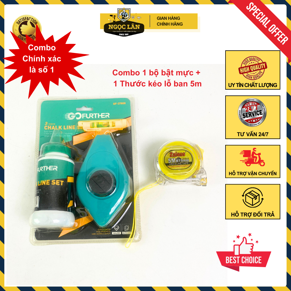 Combo bộ bật mực, búng mực dây chỉ 30m và thước kéo lỗ ban 5m nhựa trong
