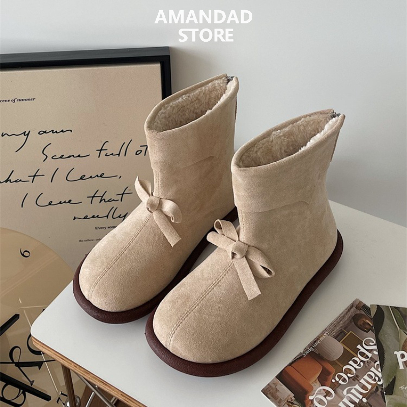 QiaoYiLuo Non-slip thick-soled snow boots women's velvet and thickened new warm one-pedal cotton shoes ราคา 430 บาท*ส่งฟรี