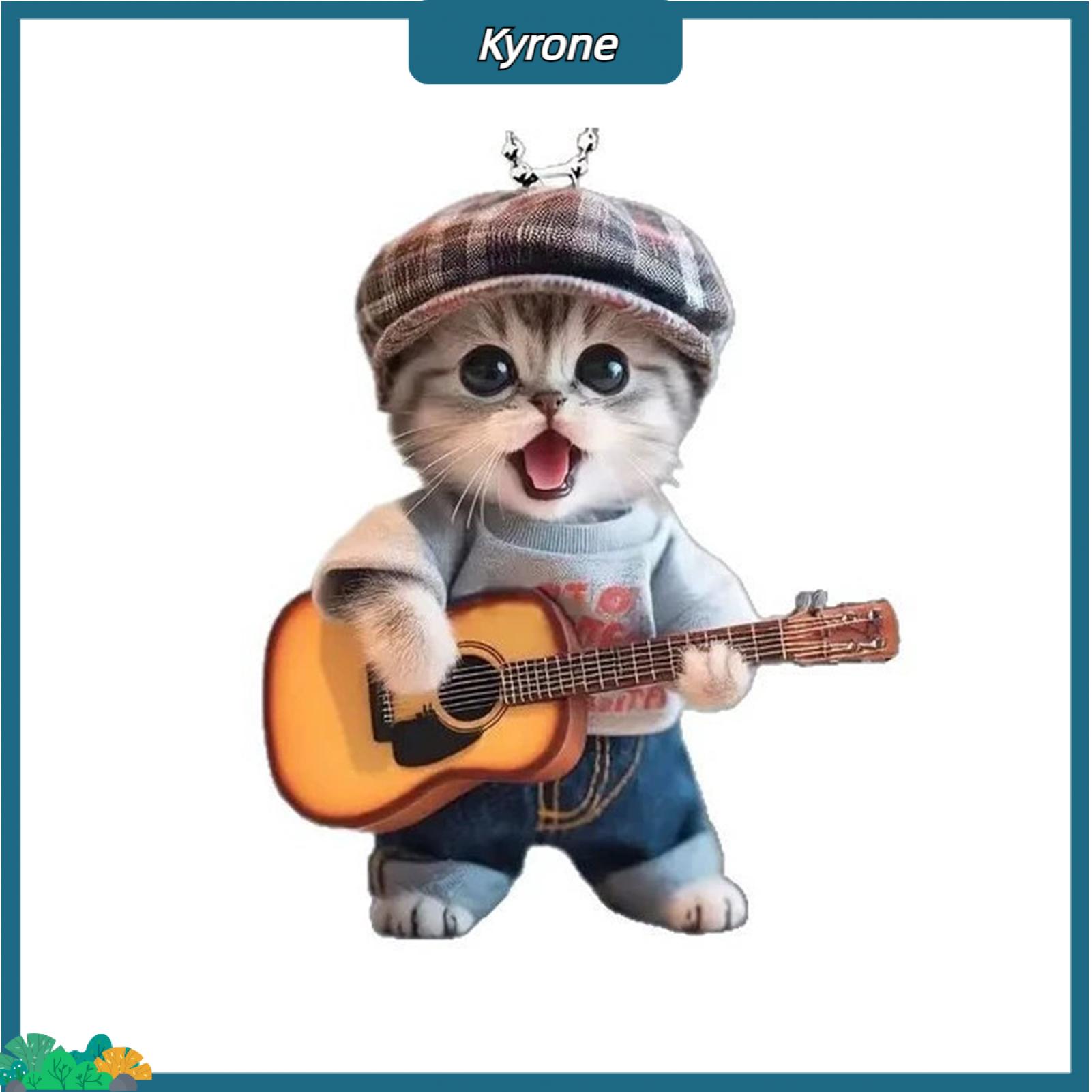 Kyrone Acrylic Car Ornament Cute Kitten Car Decor Adorable Guitar Cat Car Hanging Ornament Charming Acrylic Rear View Mirror Pendant for Cute Car Interior Accessories Favorite