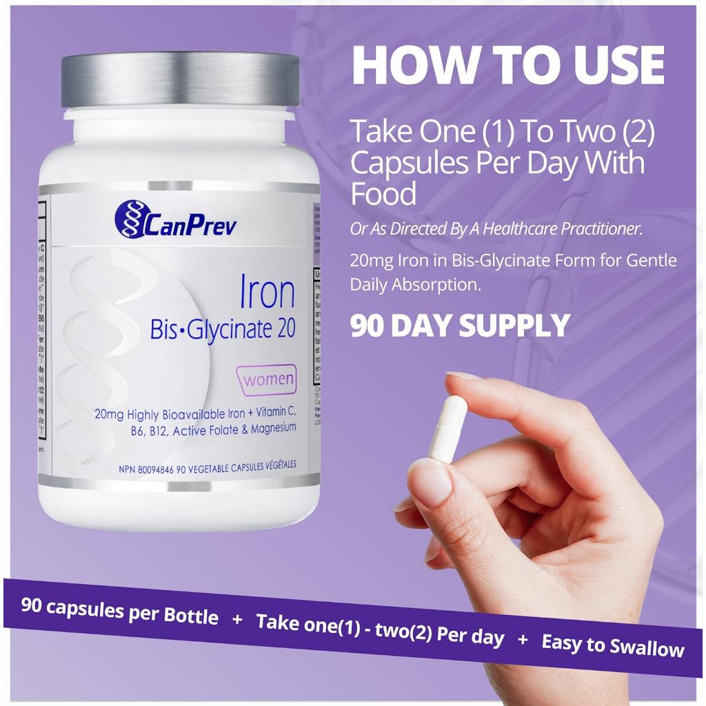 CanPrev Iron Bis-Glycinate 20 – Bổ Sung Sắt Dịu Nhẹ, Dễ Hấp Thu, Phòng Ngừa Thiếu Máu - - Hỗ trợ quá trình tạo hồng cầu - Hỗ trợ giảm tình trạng mệt mỏi do thiếu hụt vi chất - Hỗ trợ sức khỏe tổng thể