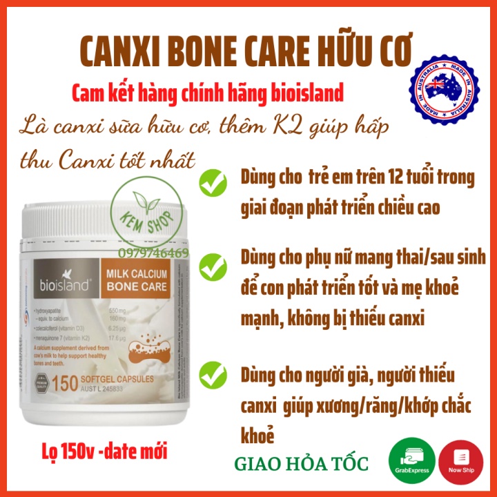 [Cam kết chính hãng] Viên uống Canxi sữa hữu cơ, Calcium Bone Care Bioisland 150 viên cho người lớn, trẻ trên 12 tuổi