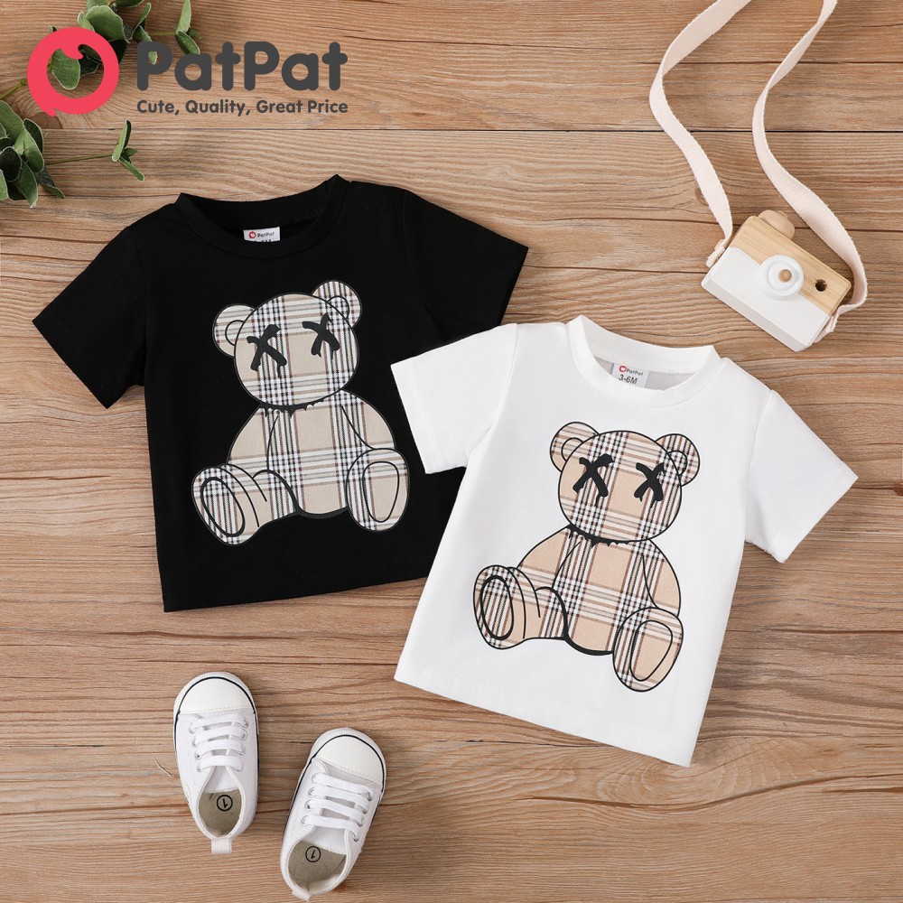 Patpat Áo thun ngắn tay họa tiết gấu kẻ sọc cho bé gái/bé trai