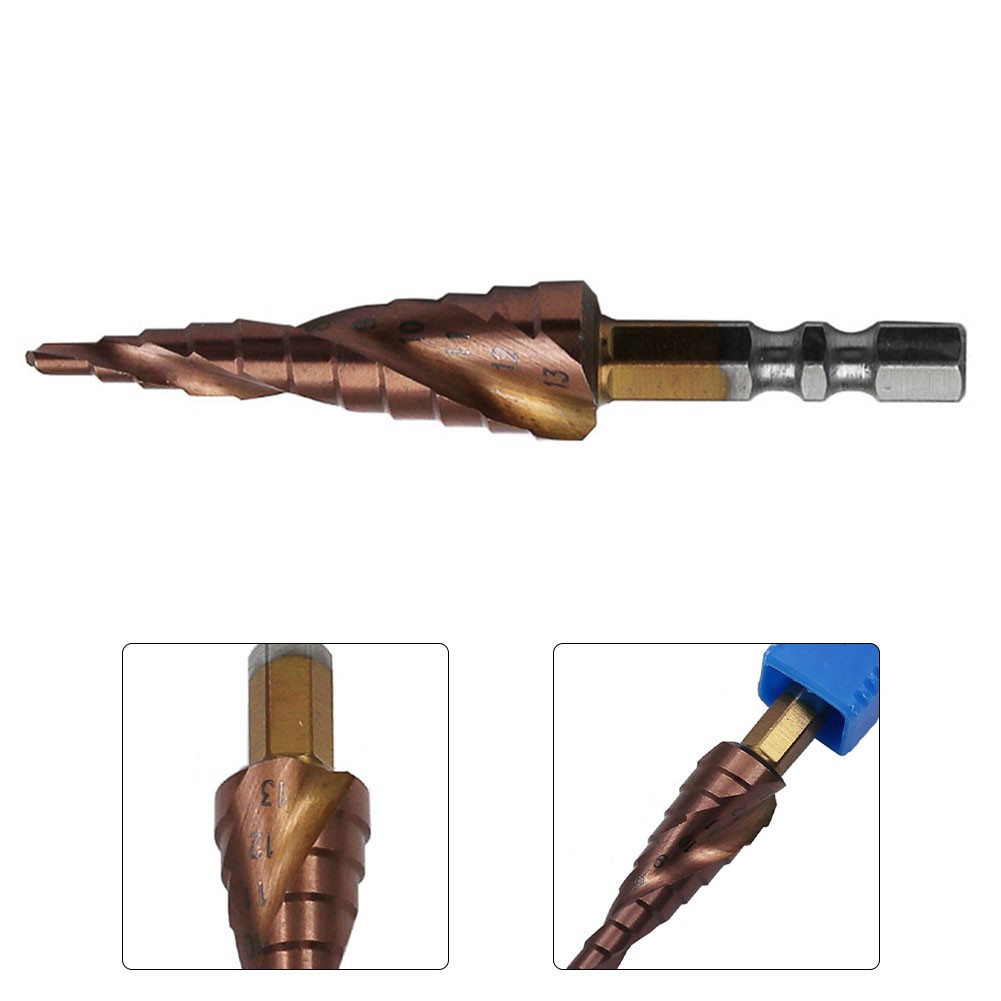 Mũi khoan bước 77x47x6.35mm M35 Cobalt hai lưỡi rãnh xoắn ốc thang khoan 3-13mm deburring chamfering
