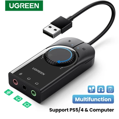 UGREEN 1Meter USB Sound Card External Audio Card 3.5mm USB Adapter USB to Earphone Headphone Audio Interface for Computer PS4 Sound Card-Intl