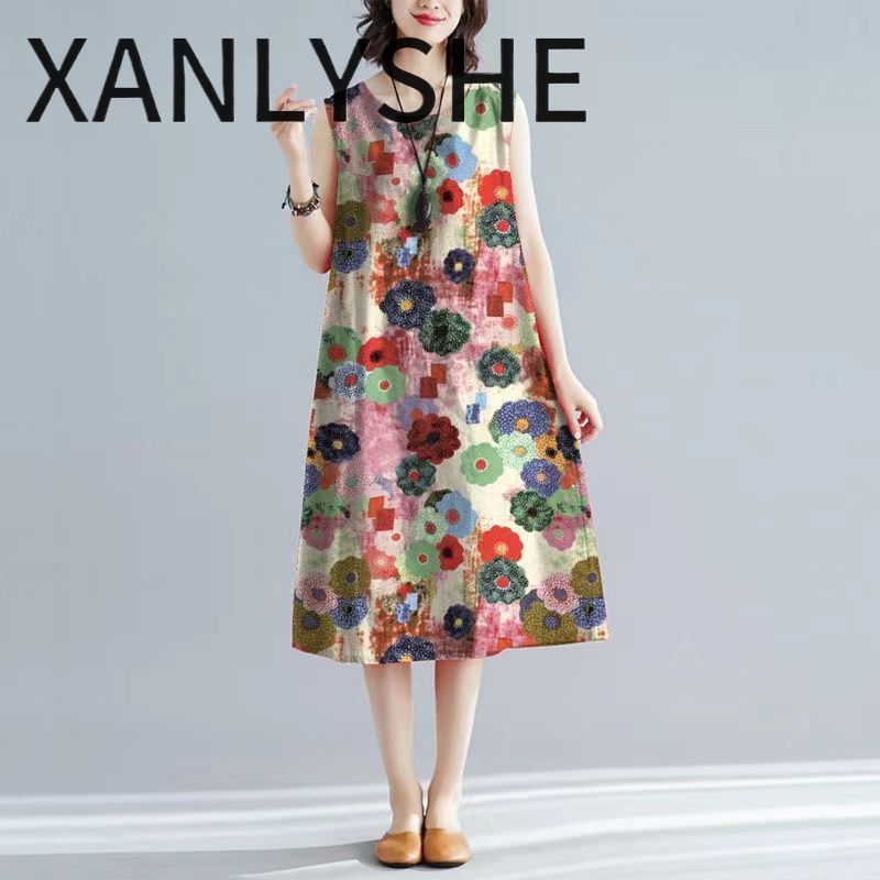 XIANG NIAN NI New printed midget belly cover baggy plus size sleeveless vest with swing dress ราคา 140 บาท*ส่งฟรี