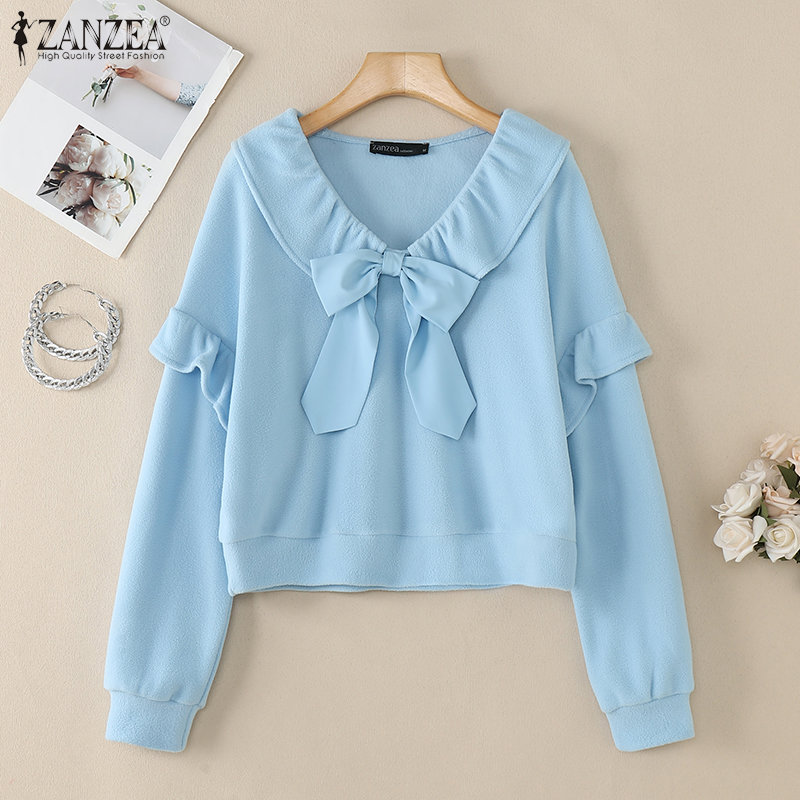 Hijabfab ZANZEA phụ nữ kỳ nghỉ nơ thường ngày Tie Áo Thun Tay áo dài đi làm áo len #0310